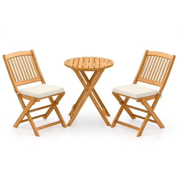 3-delige Opklapbare Bistroset Van Acaciahout Tuinset Met Kussens Buitenterrasmeubelset Met Tafel En 2 Stoelen Voor Balkon Beige