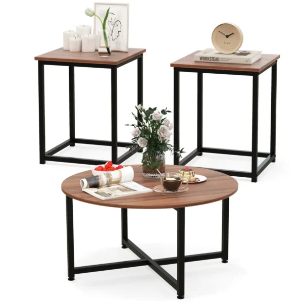 3-Delige Salontafelset Ronde Salontafel En 2 Vierkante Bijzettafels Met Stevig Metalen Frame 3 Moderne Salontafels-Bruin