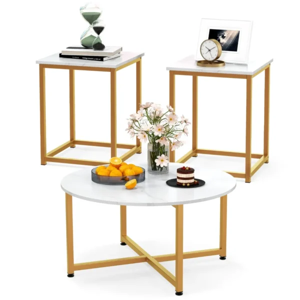 3-Delige Salontafelset Ronde Salontafel En 2 Vierkante Bijzettafels Met Stevig Metalen Frame 3 Moderne Salontafels-Wit