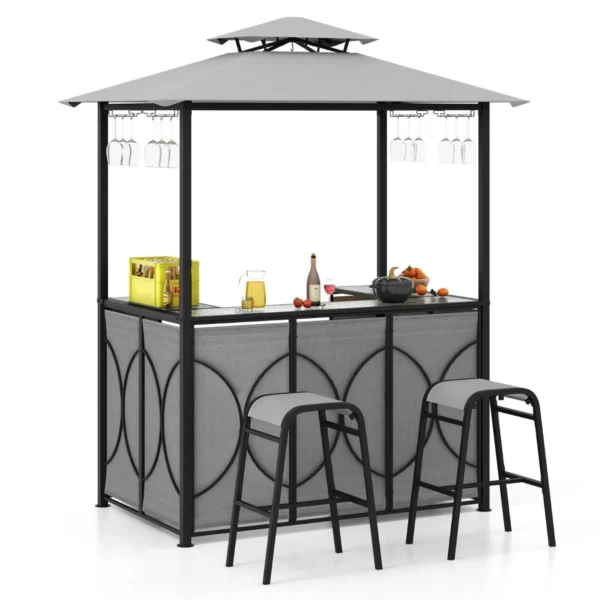 3-Delige Terrasbarset Grillpaviljoen En 2 Barkrukken Met Bartafel Van Gehard Glas Metalen Planken En Glashouder-Grijs