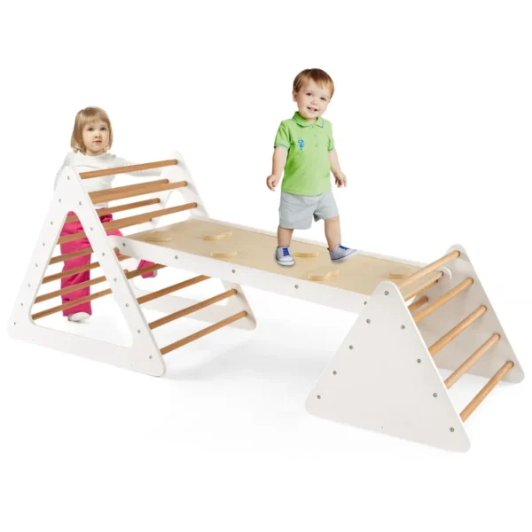 3-In-1 Klimdriehoek Ladder En Glijbaan Klimrek Met Dubbelzijdige Helling Klimdriehoek Voor Klimmen En Glijden (Wit + Natuur)