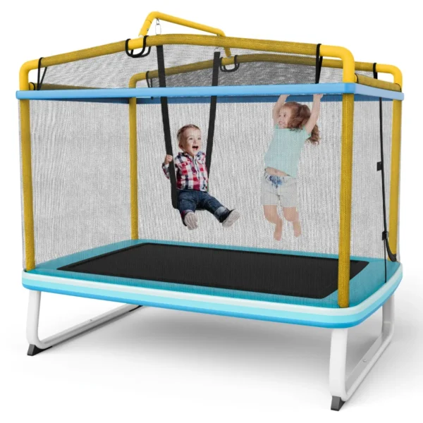 3 In 1 Rechthoekige Kindertrampoline Voor Buiten Met Schommel & Horizontale Rekstok Tuintrampoline Met Veiligheidsnet (Blauw+Geel)