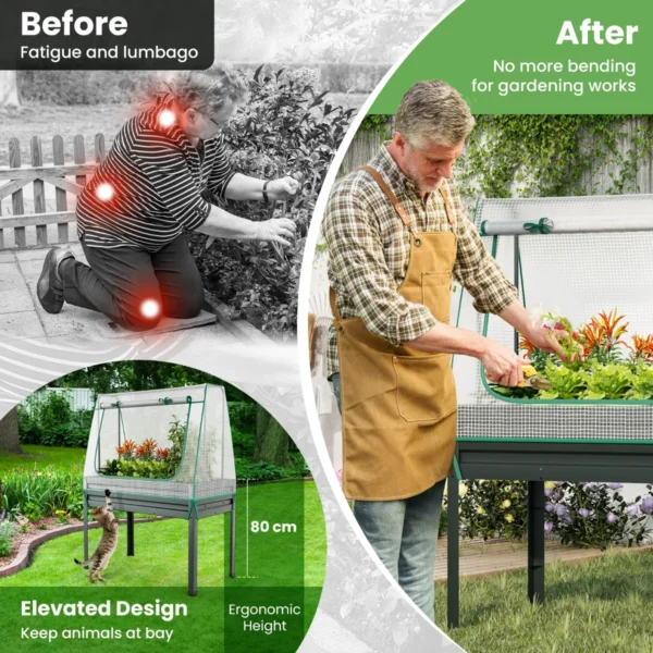 3 in 1 verhoogd tuinbed met kasafdekking en trellis metalen plantenbak op poten met drainagegaten voor klimplanten en bloemen 6