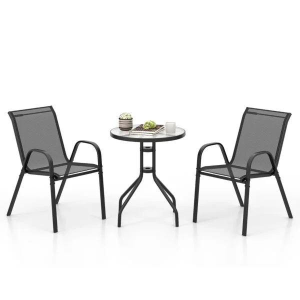 3 Stuks Buiten Bistroset Ronde Bijzettafel Met 2 Stapelbare Stoelen Zitset Met Tafelblad Van Gehard Glas Eettafelset Zwart
