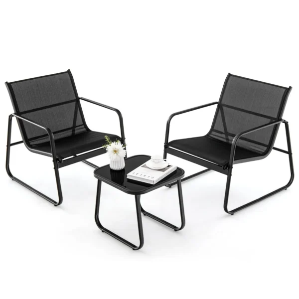 3 Stuks Tuinmeubilair Ademende Stof En Metalen Frame 150KG Belasting Terrasmeubelset Met Tafel Van Gehard Glas Voor Achtertuin Zwembad