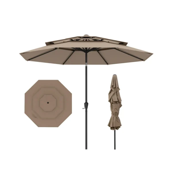 300 CM Terrasparasol Met Geventileerd 3-Niveau Dak Grote Buitenparasol Met Drukknop Kantelen Slinger 8 Stijve Baleinen-Bruin