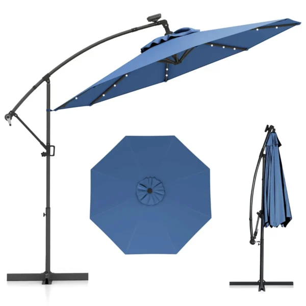 300 CM Zonnescherm Met Afstandsbediening Op Zonne-Energie Zonnescherm Voor Vrijdragend Terras Met 32 LED's Kruisvoet Kantelverstelling-Blauw