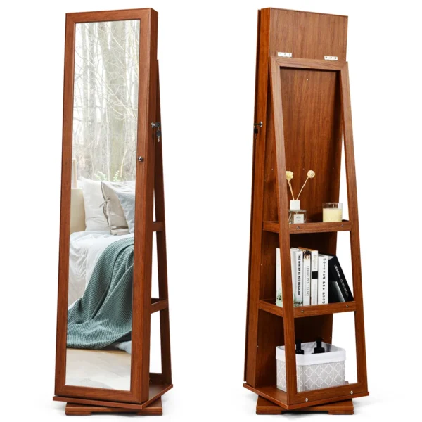 360 Roterende Gespiegelde Sieraden Kast 2-In-1 Afsluitbare Sieraden Organisator Met Volledige Lengte Spiegel 39 X 39 X 161 Cm (Bruin)