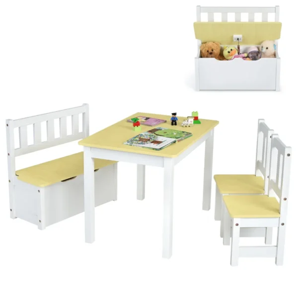 4-Delige Kindertafel & Stoel Set 2-In-1 Houten Peuter Activiteit Tafel Set Met 2 Stoelen 1 Opbergbankje Kindermeubilair Natuurlijke