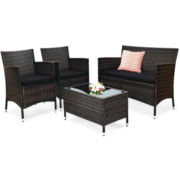 4-Delige Rotan Meubelset Met Gehard Glas Salontafel Polyrattan Set Balkonbankstel Bruin+Zwart