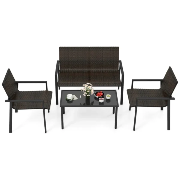 4-Delige Terrasmeubelset Rieten Tafel En Stoelen Voor Buiten Met Stevig Gegalvaniseerd Metalen Frame Voor Balkons Zwembaden-Bruin