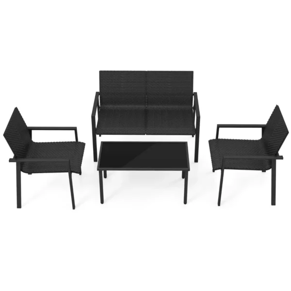 4-Delige Terrasmeubelset Rieten Tafel En Stoelen Voor Buiten Met Stevig Gegalvaniseerd Metalen Frame Voor Balkons Zwembaden-Zwart