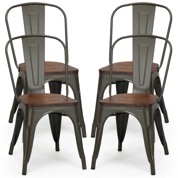 4-Delige Tolix Eetkamerstoelenset Bistrostoel Stapelbare Metalen Stoelen Zitting In Iepenhout Dikte 2cm 52 X 42 X 84 Cm Bruin + Grijs