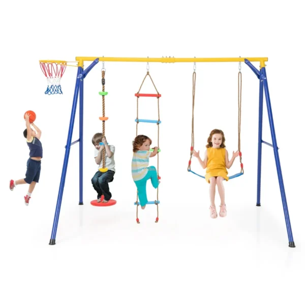 4-in-1 Frameschommel Voor Kinderen Met 1 Basketbalhoepel En 1 Verstelbare Schouderschommel 1 Klimladder En 1 Schijf Met Touw