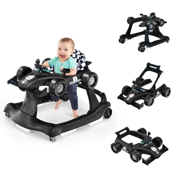 4 In-1 Loopwagen Met Instelbare Hoogte En Snelheid Babykart Met Anti-Slip Pads Inklapbare Babywandelaar Zwart