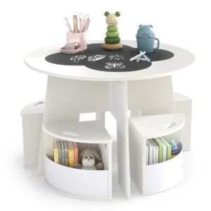 5-Delige Kindertafel- En Stoelset Ronde Tafel Met Stapelbare Activiteitenkrukken Voor Spelletjes Lezen Voor Speelkamer-Wit