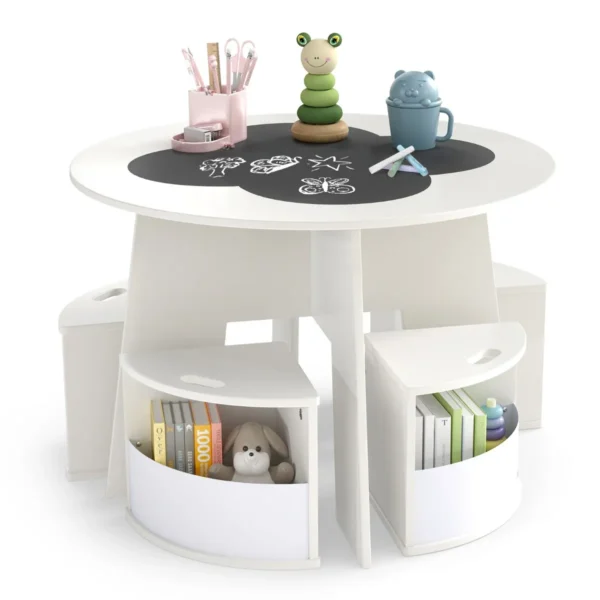 5-Delige Kindertafel- En Stoelset Ronde Tafel Met Stapelbare Activiteitenkrukken Voor Spelletjes Lezen Voor Speelkamer-Wit