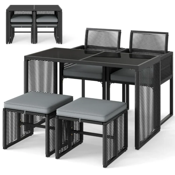5-Delige PE Rieten Tuinmeubelset Buitenset Met Kussens Ruimtebesparende Rotan Tuinstoel En Gehard Glazen Tafel Met Voetenbankjes