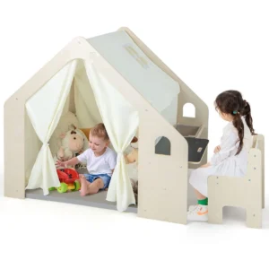 6 in 1 houten kindertent met kindertafel en stoel kinderspeelhuis met mat schoolbord opbergdoos speeltent speelhuis voor kinderen 2+ 1