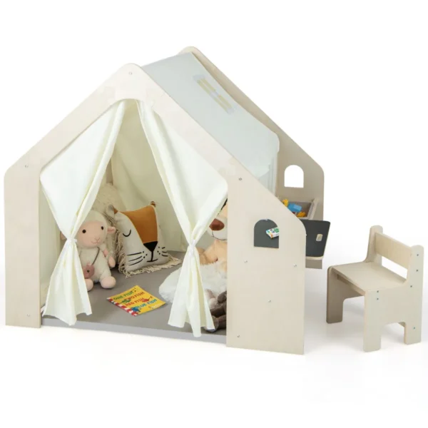 6 in 1 houten kindertent met kindertafel en stoel kinderspeelhuis met mat schoolbord opbergdoos speeltent speelhuis voor kinderen 2+ 2
