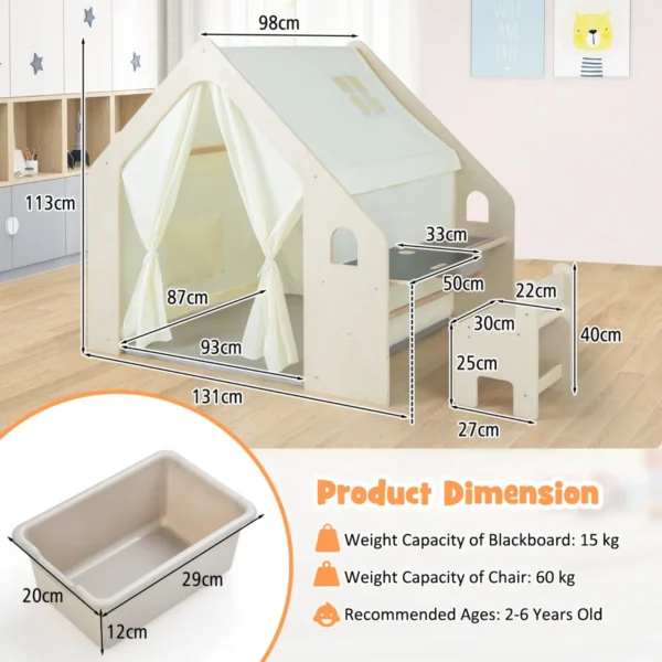 6 in 1 houten kindertent met kindertafel en stoel kinderspeelhuis met mat schoolbord opbergdoos speeltent speelhuis voor kinderen 2+ 3