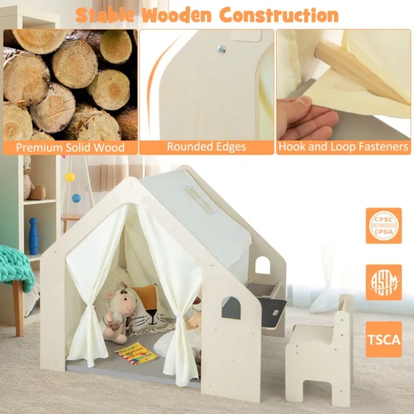 6 in 1 houten kindertent met kindertafel en stoel kinderspeelhuis met mat schoolbord opbergdoos speeltent speelhuis voor kinderen 2+ 5