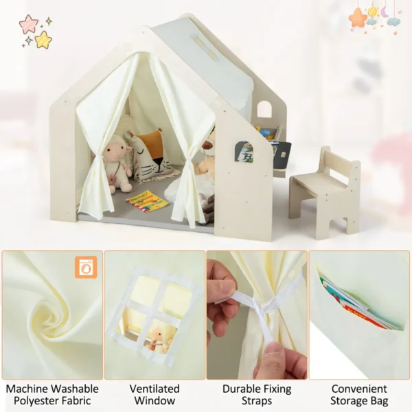 6 in 1 houten kindertent met kindertafel en stoel kinderspeelhuis met mat schoolbord opbergdoos speeltent speelhuis voor kinderen 2+ 7