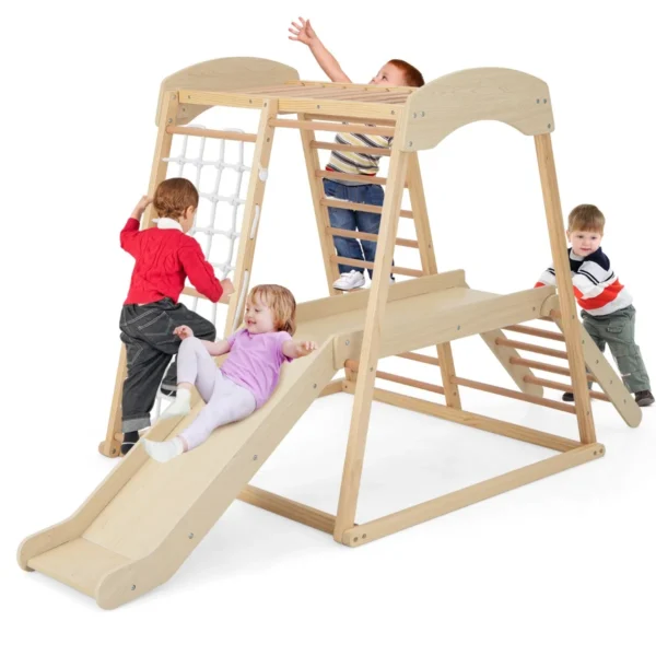 6 In 1 Houten Klimdriehoek Voor Kinderen Met Glijbaan En Bufferzone Binnenklimspeelruimte Met Net En Klimladder Belasting 60 Kg