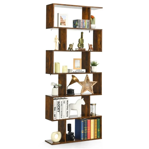 6-Laags Boekenkast Vrijstaande S-vormige Stijl Boekenplank Met Anti-kantelbeveiliging Z-ontworpen Houten Plank Bruin