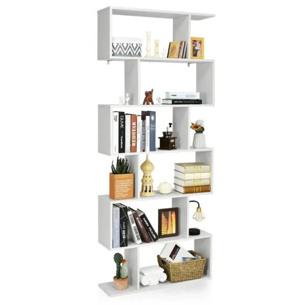 6-Laags Boekenkast Vrijstaande S-vormige Stijl Boekenplank Met Anti-kantelbeveiliging Z-ontworpen Houten Plank Wit