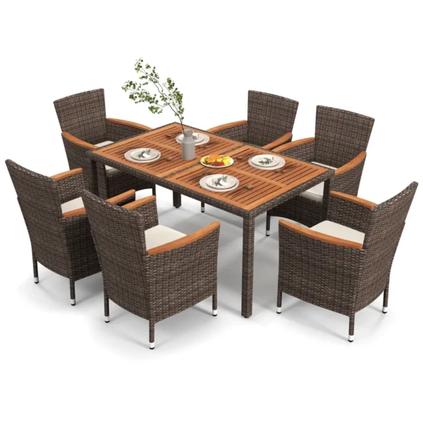 7-Delig Rotan Tuinmeubelset Zitgroep Met Tuintafel Van Acaciahout & 6 Stoelen Voor 6 Personen Eetgroep Zitmeubel Buiten Tuinset Bruin