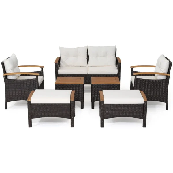 7-Delige Rotan Tuinset PE Buitenmeubelset Met 1 Loveseat 2 Fauteuils 2 Poefs 2 Salontafels Acaciahouten Blad Kussens Voor Patio Binnenplaats