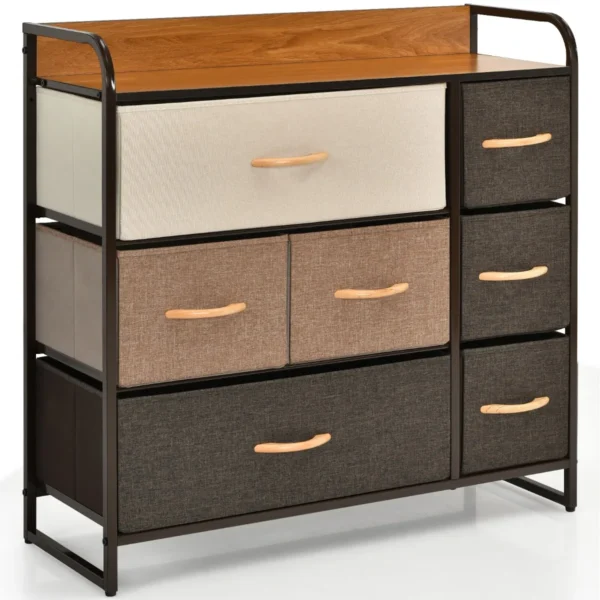7-Laden Dressoir Opbergtoren Brede Organisator Eenheid Met Opvouwbare Stof Lades Utiliteit Dressoir Kist Houten Top Bruin