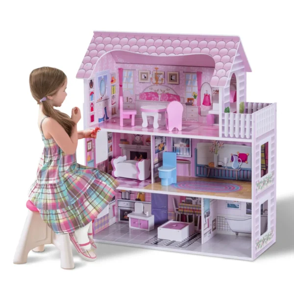 71cm Houten Poppenhuis Poppenhuis Villa Speelgoed Voor Meisje 3 Niveaus Met Meubilair En Accessoires Roze
