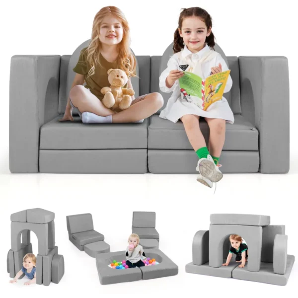8-Delige Modulaire Kinderspeelbank Ombouwbare Schuimrubberen Speelset Comfortabele Suède Stof-Grijs