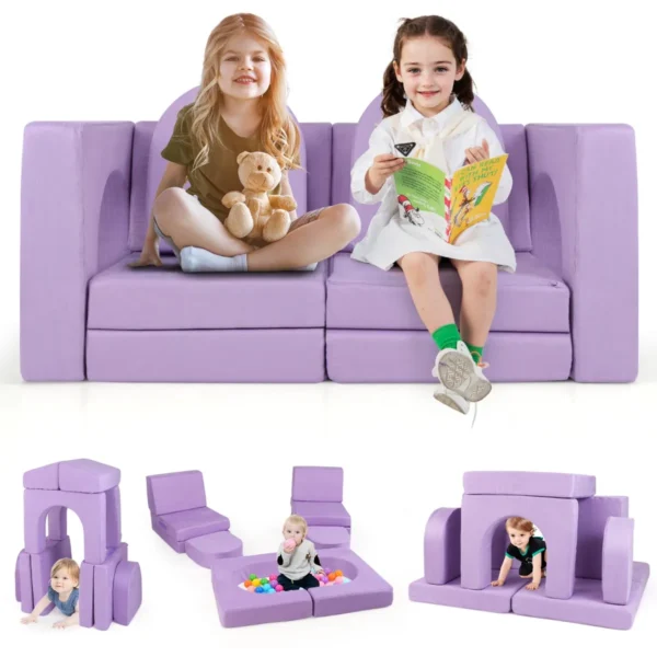 8-Delige Modulaire Kinderspeelbank Ombouwbare Schuimrubberen Speelset Comfortabele Suède Stof -Paars
