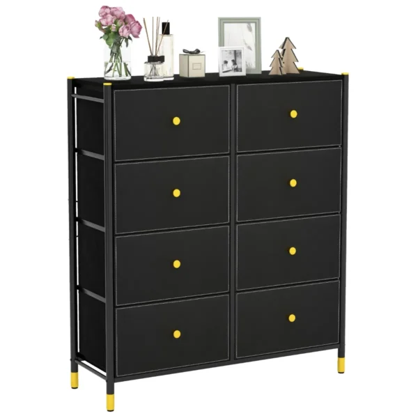 8-Laden Stoffen Commode Met Metalen Frame Vrijstaande Opbergkast Voor Woonkamer Garderobe Hal Houten Handvat Zwart