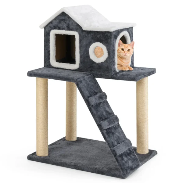 90 Cm Hoge Moderne Kattenboom 3-Laagse Speeltoren Met Open Dak & Sisalpalen & Klimladder Compacte Kattenmeubels Grijs