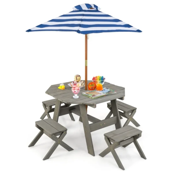 Achthoekige Houten Placemat Picknicktafel Voor Kinderen Met 4 Stoelen En In Hoogte Verstelbare Parasol Houten Zitgroep-Grijs