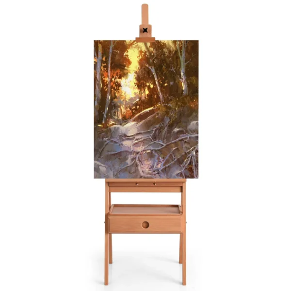 Art-Ezel Vloerschildersezel Met Lade Gemaakt Van Beukenhouten Schildersezel Met Verstelbare Plank Naturel