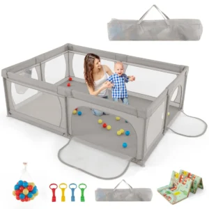 Babybox Met 50 Ballen En 2 Deuren Box Met Ademend Net En Ritssluiting Box Voor Zuigelingen En Peuters 206 X 147 Cm (Grijs Met Matras)