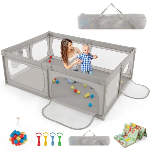 Babybox Met 50 Ballen En 2 Deuren Box Met Ademend Net En Ritssluiting Box Voor Zuigelingen En Peuters 206 X 147 Cm (Grijs Met Matras)