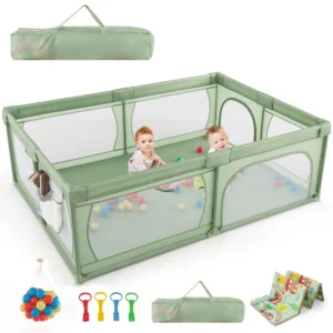 Babybox Met 50 Ballen En 2 Deuren Box Met Ademend Net En Ritssluiting Box Voor Zuigelingen En Peuters 206 X 147 Cm (Groen Met Matras)