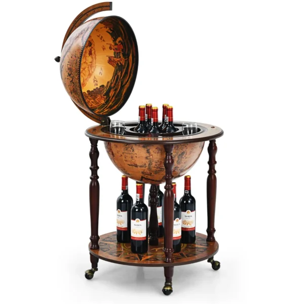 Barwagen Met Wielen En Deksel Huisbar Servicewagen Wereldbol Wereldbol Wijnkast Voor Flessen Ø 60,5 X 95,5 Cm Bruin