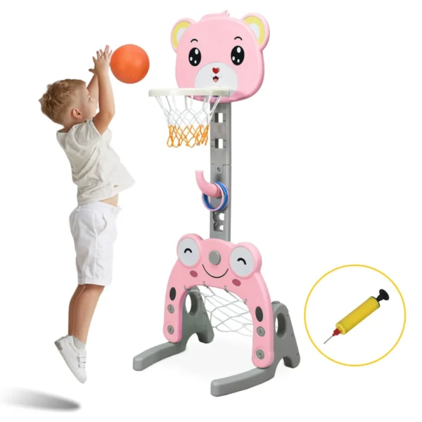 Basketbalring-Standaard 3-In-1 Verstelbare Basketbalstand Met Score Voetbaldoel Ringgooi-Speelset Basketbal En Voetbal Roze