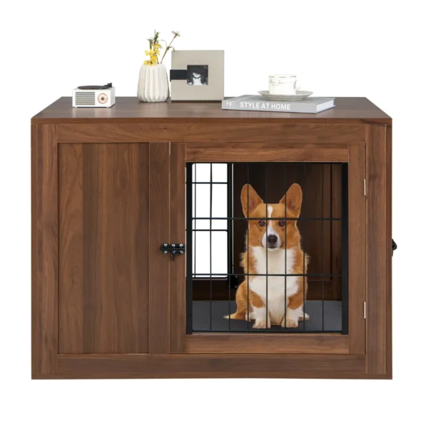 Binnen Hondenkrat Dubbel Magneetdeur Hondenhok Met Linnen Kussen Hondenhok Met Klink Walnoot 92 X 59 X 66,5 Cm