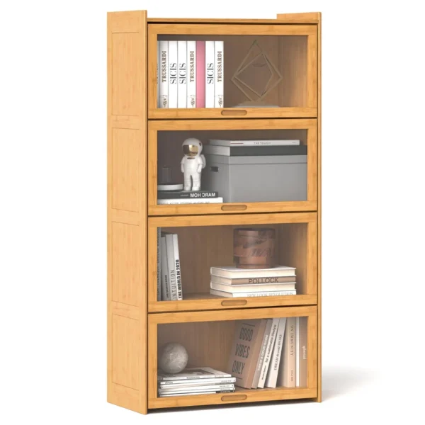 Boekenkast Met 4 Verdiepingen Met Acryldeuren Vitrinekast Van Bamboe Met 4 Vakken Opbergrek Voor Werkkamer-Natuur