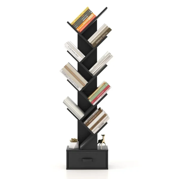 Boekenkast Met Lade 8 Verdiepingen Staand Rek In Boomvorm CD- En Dvd-Rek Voor Woonkamer/Thuiskantoor 38 X 21,5 X 149,5 Cm (Zwart)