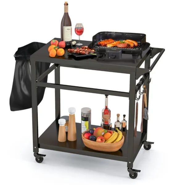 Buitenbarbecuetrolley Met Dubbele Planken Keukentrolley Met 4 Vergrendelbare Wielen Haken En Handgreep Aan De Zijkant Zwart
