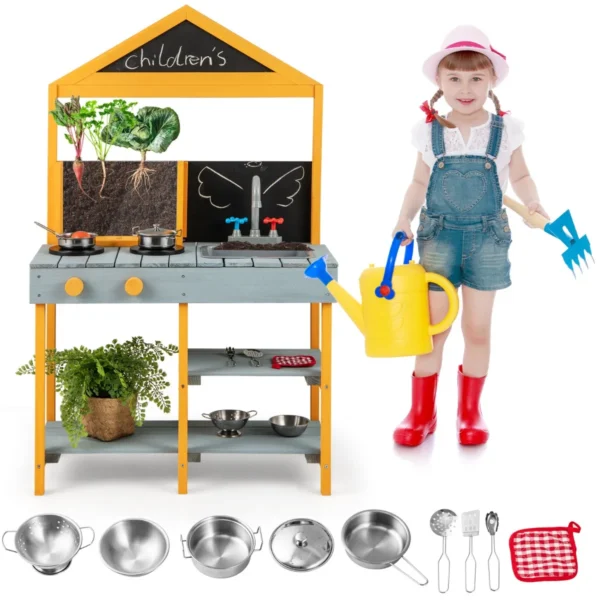 Buitenkeuken voor kinderen met plantenbak draaibare kraan en afneembare gootsteen 2 krijtborden kookgerei 1
